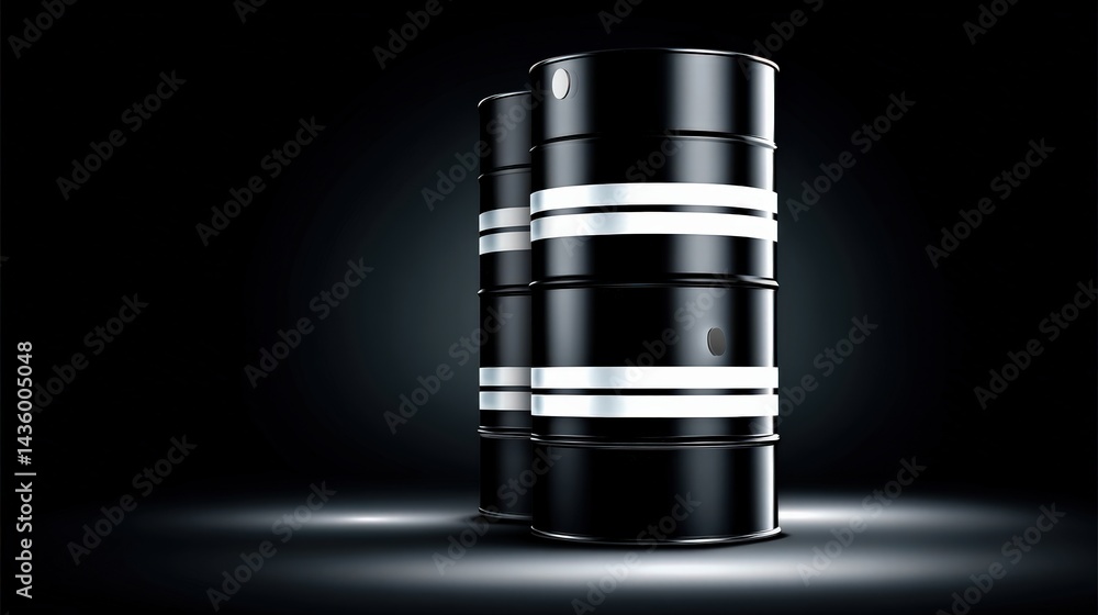Black Oil Drums on Dark Background with Spotlight Focus