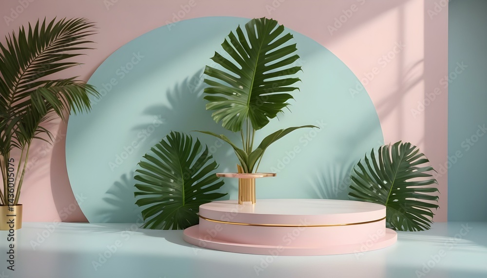 Elegant studio composition with a plant on a pink pedestal, surrounded by soft pastel colors. Elegant studio composition with a plant on a pink pedestal, surrounded by soft pastel colors.