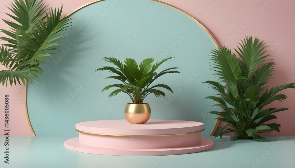 A tropical plant in a gold pot is displayed on a pink pedestal, against a soft pastel backdrop. A tropical plant in a gold pot is displayed on a pink pedestal, against a soft pastel backdrop.