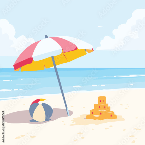 beach with umbrella and ball
