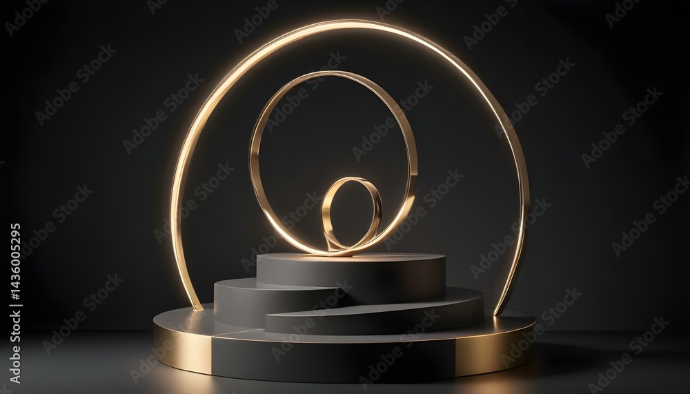 Abstract golden circles and a layered platform create a minimalist design against a dark backdrop. Abstract golden circles and a layered platform create a minimalist design against a dark backdrop.