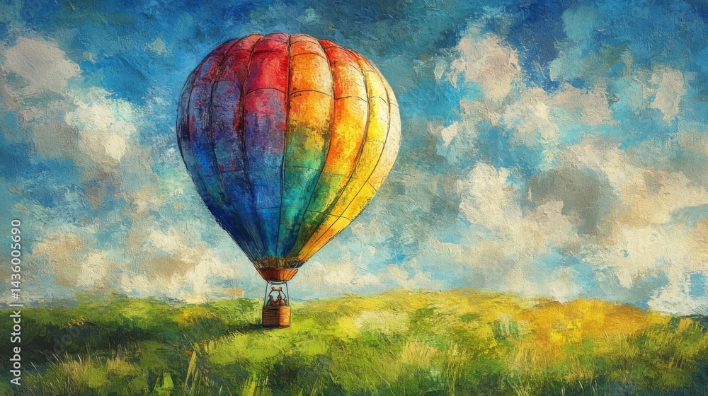 Fototapeta premium Colorful Hot Air Balloon Over Green Field Under Blue Sky