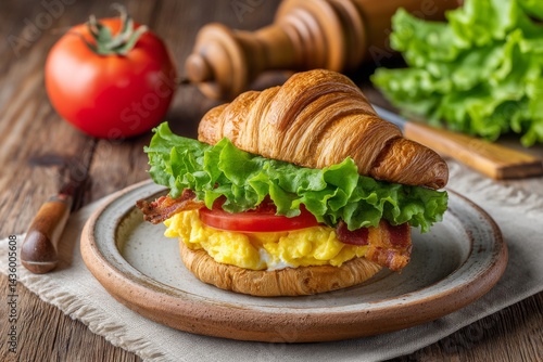 Freshly Made Breakfast Croissant Sandwich with Lettuce and Tomato