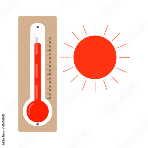 heat temperature icon, thermometer high temperature, vector with temperature half scale with sun for measurement forecast weather - illustration symbol measurement hot weather