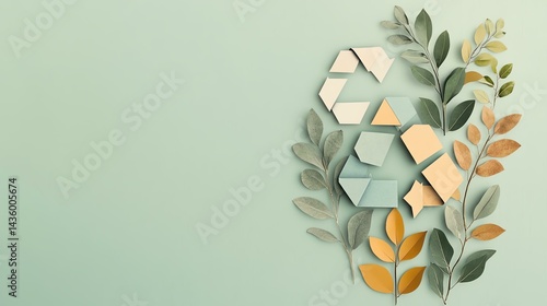 Circular economy strategies for sustainable resource management Colorful geometric shapes intertwined with leaves on a pastel background create a modern, artistic design.
