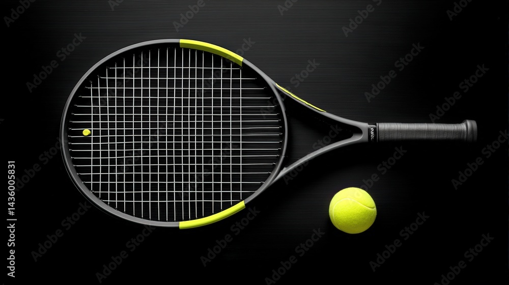 Black Tennis Racket with Yellow Details and Bright Yellow Tennis Ball