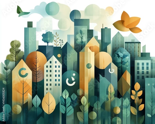 Circular economy strategies for sustainable resource management Colorful urban landscape with stylized buildings, trees, and abstract elements in a modern art style.