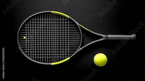 Black Tennis Racket with Yellow Details and Bright Yellow Tennis Ball