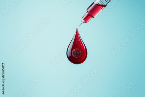 Syringe with Blood Drop on Blue Background