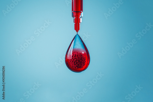 Syringe with Blood Drop on Blue Background