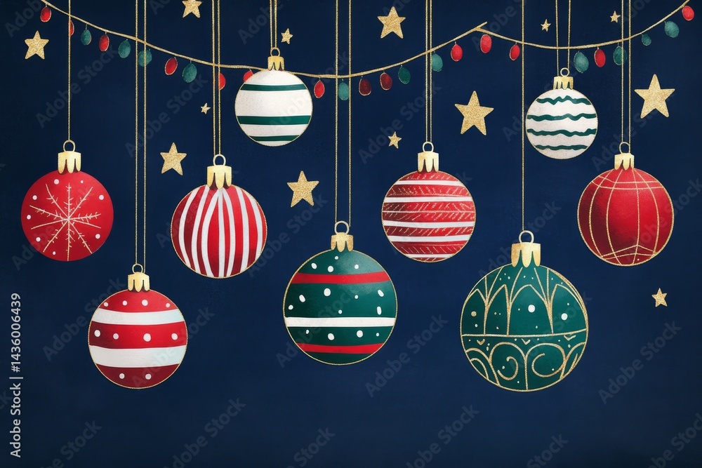 Colorful Christmas Ornaments Hanging Against Dark Background
