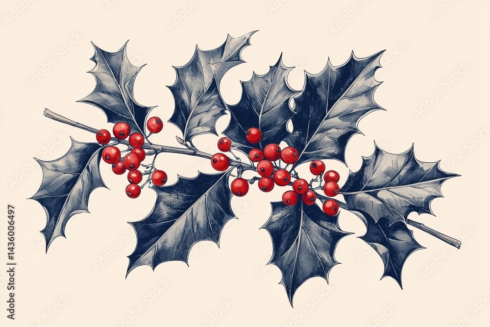 Detailed Illustration of Holly Branch with Red Berries and Leaves