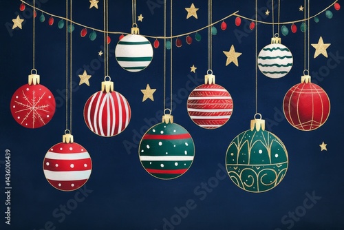 Obraz na płótnie Colorful Christmas Ornaments Hanging Against Dark Background w salonie