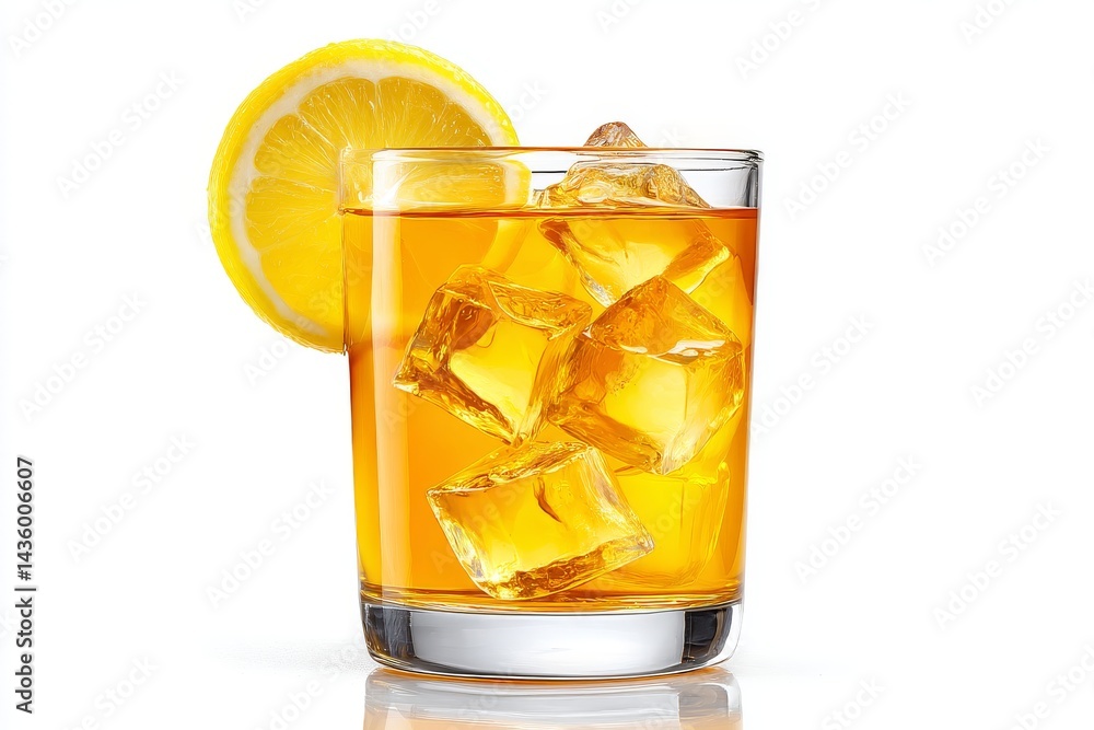 Refreshing Citrus Beverage with Ice Cubes and Lemon Slice Garnish