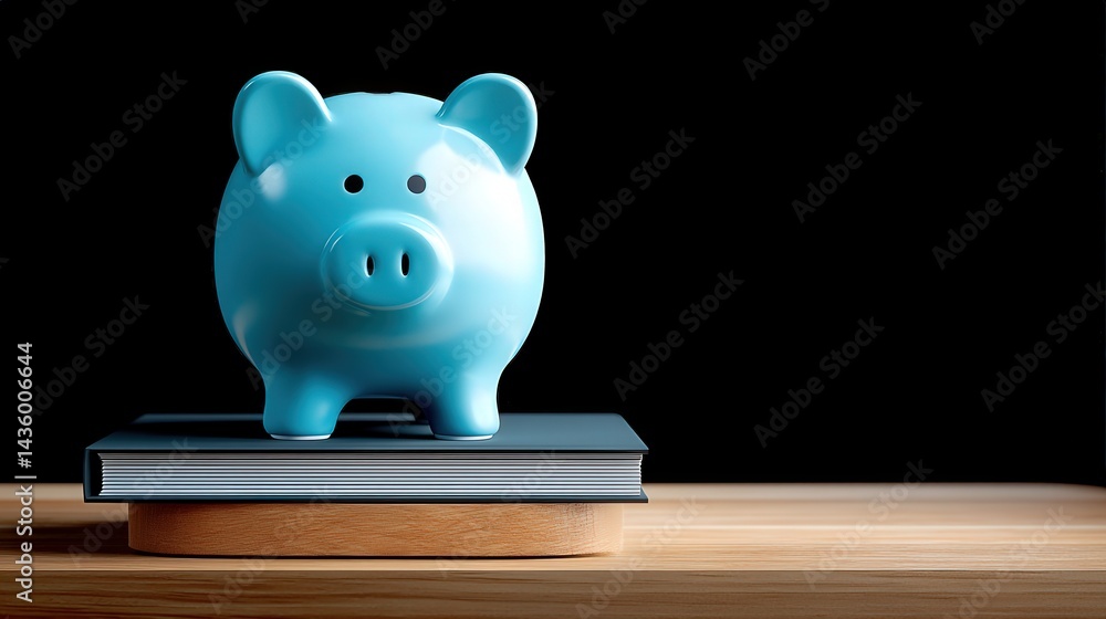 Blue Piggy Bank on Books Against a Dark Background for Saving Money