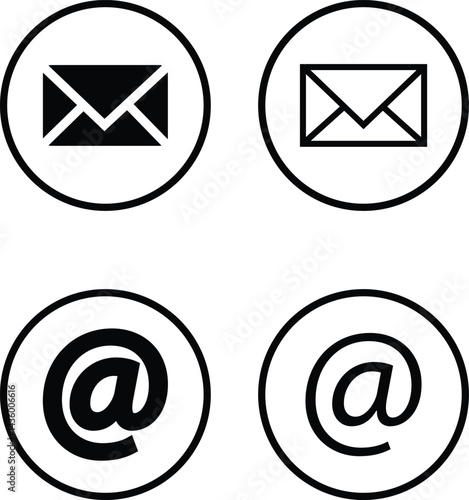 Mail envelope and at icon set in linear style isolated on transparent background. @ Email closed inbox vector collection editable stroke. sign of an incoming unopened send message for app and web.