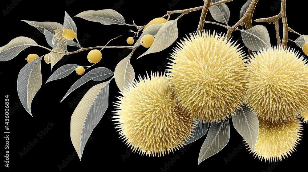 Botanical Illustration of Spiky Fruits on Black Background