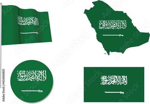 Saudi Arabia (KSA) Map, Flag & Icon Vector Set – National Symbol, Detailed Outline & Patriotic Design