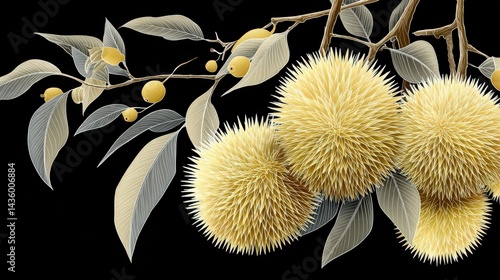 Obraz na płótnie Botanical Illustration of Spiky Fruits on Black Background w salonie