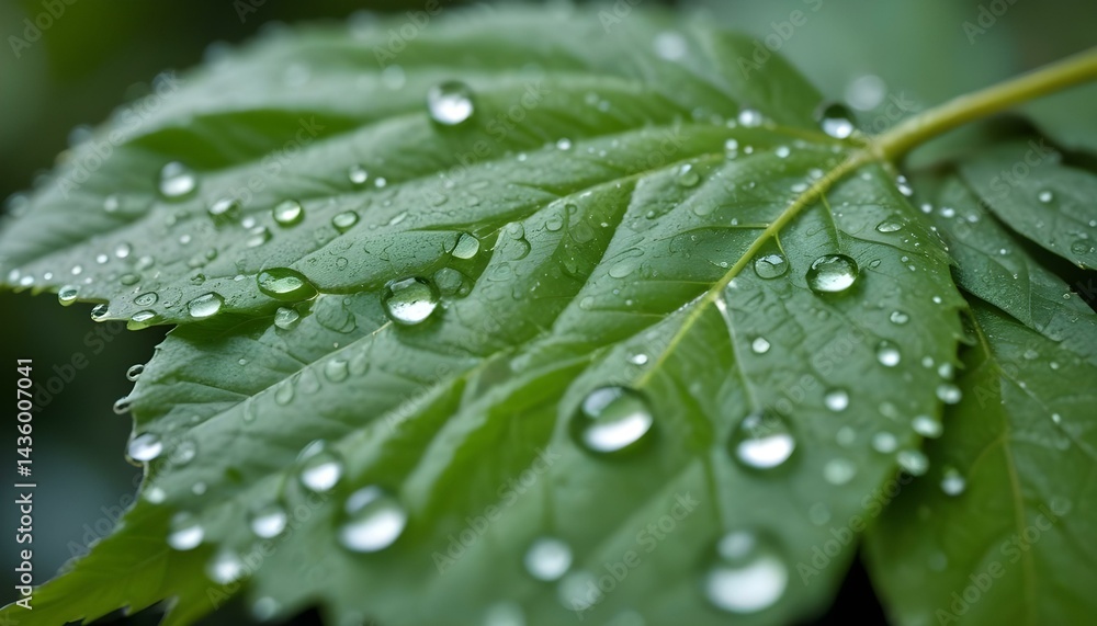 Perfectly formed water droplets adorn the surface of a vibrant green leaf in a macro shot. Perfectly formed water droplets adorn the surface of a vibrant green leaf in a macro shot.
