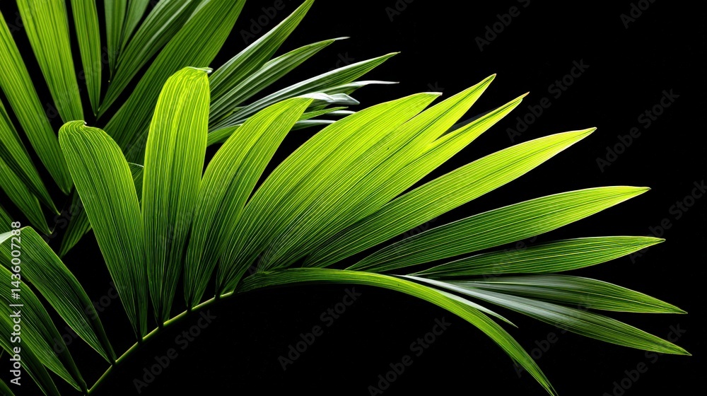 Bright Green Palm Leaves on Black Background for Nature and Decor