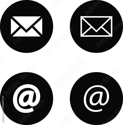 Mail envelope and at icon set in linear style isolated on transparent background. @ Email closed inbox vector collection editable stroke. sign of an incoming unopened send message for app and web.