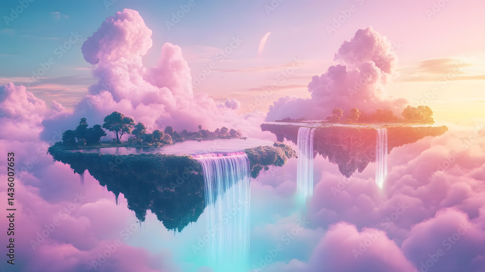 Dreamlike Floating Islands Waterfall Sunset Fantasy Landscape Art