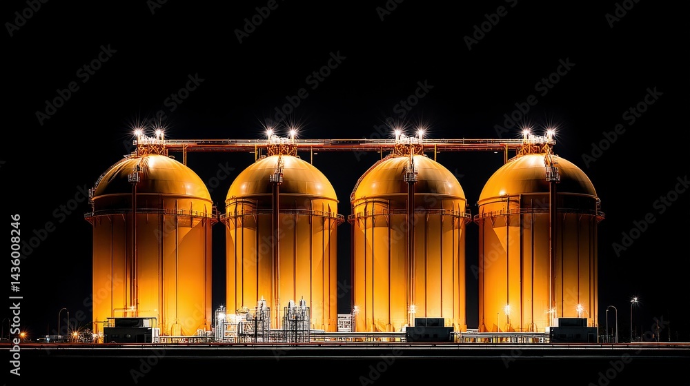 Brightly Lit Gas Storage Tanks at Night in Industrial Setting