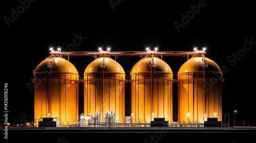 Obraz na płótnie Brightly Lit Gas Storage Tanks at Night in Industrial Setting w salonie