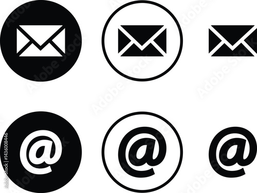 Mail envelope and at icon set in linear style isolated on transparent background. @ Email closed inbox vector collection editable stroke. sign of an incoming unopened send message for app and web.