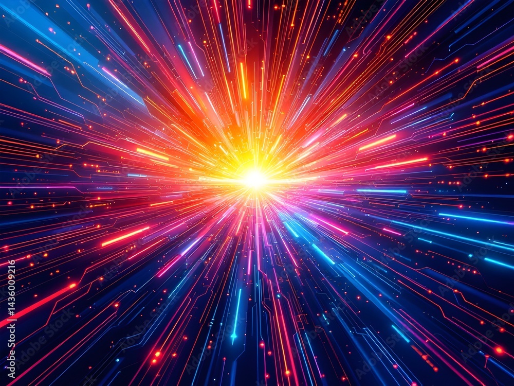 AI-themed abstract concept using summer colors circuit board patterns overlaid on sunburst gradients AI-themed abstract concept using summer colors circuit board patterns overlaid on sunburst gradients