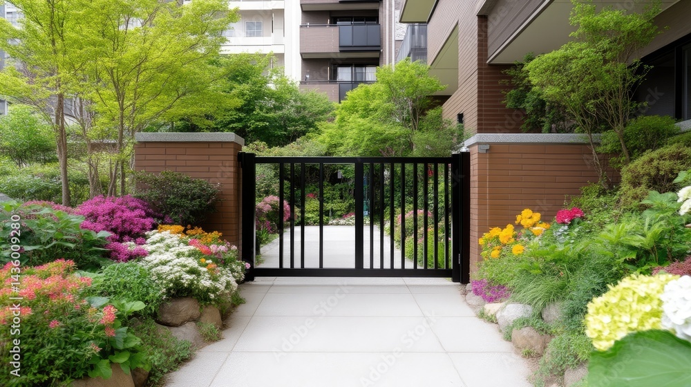 Fototapeta premium Black Gate Spring Blooms Modern Architectural High-Resolution Landscape View Lush Flowerbeds Peaceful Courtyard Serene Green Tones Ideal for Real Estate Listings