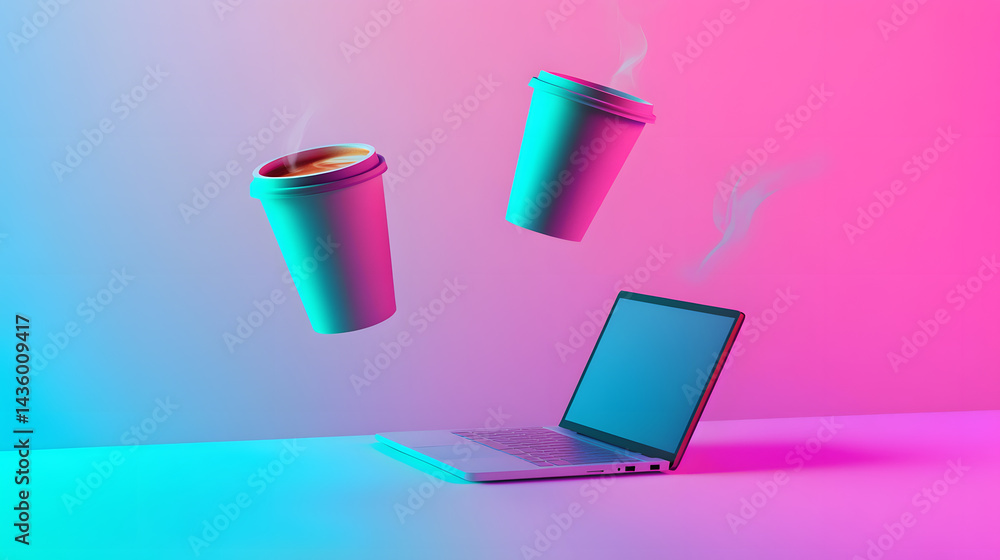 Neon Coffee Break Laptop Hot Drinks Minimalist Digital Workplace