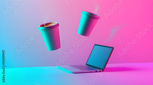 Obraz na płótnie Neon Coffee Break Laptop Hot Drinks Minimalist Digital Workplace w salonie