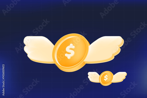 3D vector illustration, flying dollar coins with wings, money transfer, fast payments, investment, and financial freedom