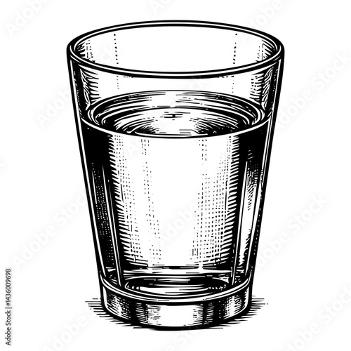 A glass of mineral water sketch  engraving black and white outline. Scratch board imitation.  illustrated in vintage line art style on a white background.
