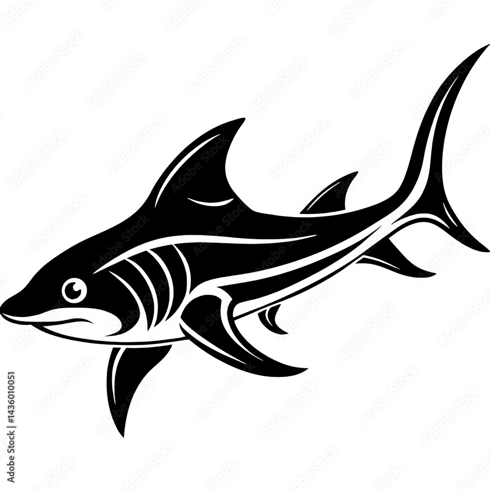 Obraz premium Stylized Black and White Dolphin Illustration with Minimalistic Design Elements