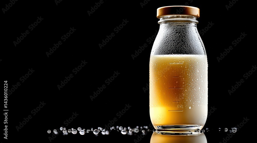 Clear Glass Bottle Filled with Beverage and Water Drops on Surface