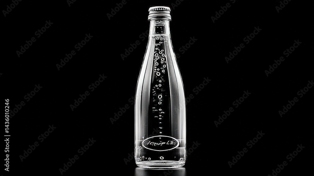 Clear Glass Bottle Filled with Sparkling Water on Black Background