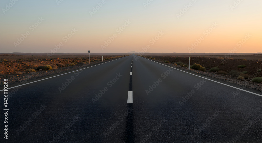 Naklejka premium Open Asphalt Road Stretching Towards Distant Horizon During Twilight Journey