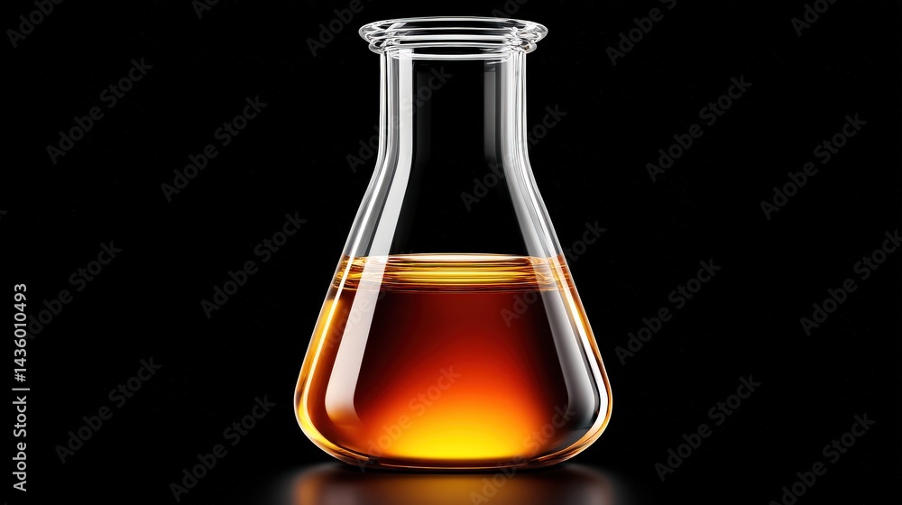 Clear glass flask with amber liquid on a black background