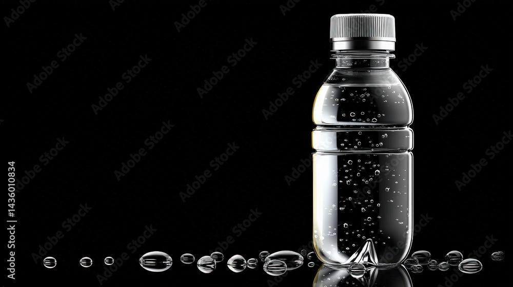 Clear Water Bottle with Bubbles Against a Black Background