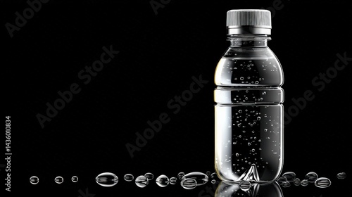 Obraz na płótnie Clear Water Bottle with Bubbles Against a Black Background w salonie