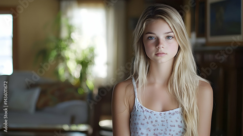 Thoughtful young woman with long blonde hair indoors. Free Download Thoughtful young woman with long blonde hair indoors. - GFXLoad