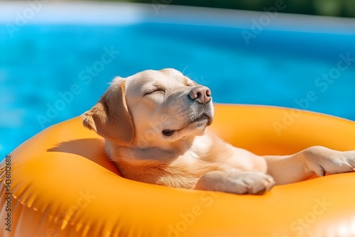 Wallpaper Mural A serene yellow dog naps peacefully in an orange pool float, eyes closed, enjoying the summer sun beside a swimming pool Torontodigital.ca