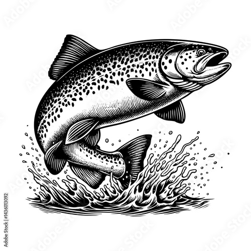 salmon jump sketch engraving black and white outline. Scratch board imitation.