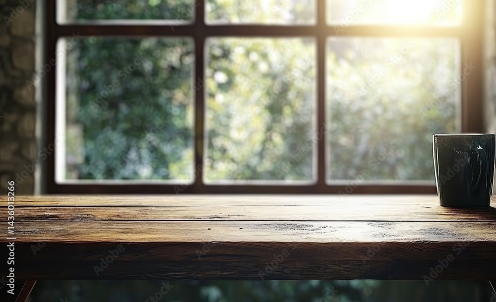 Wooden table by window, sunlight Wooden table by window, sunlight