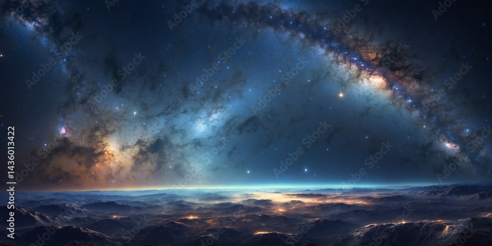 Obraz premium Spectacular view of the Milky Way galaxy, shining over a distant planet's horizon.