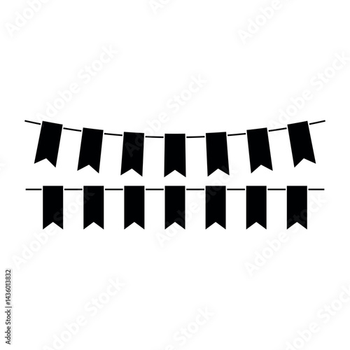 Black bunting flags arranged in two rows suspended on a white background, representing simple decoration and celebration concepts.