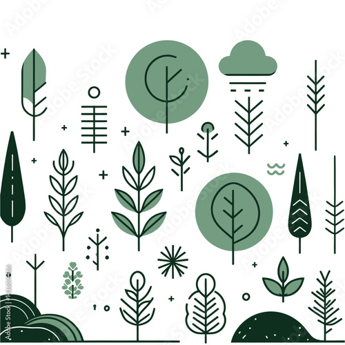 Seamless pattern of green trees with floral and nature elements for eco-friendly design